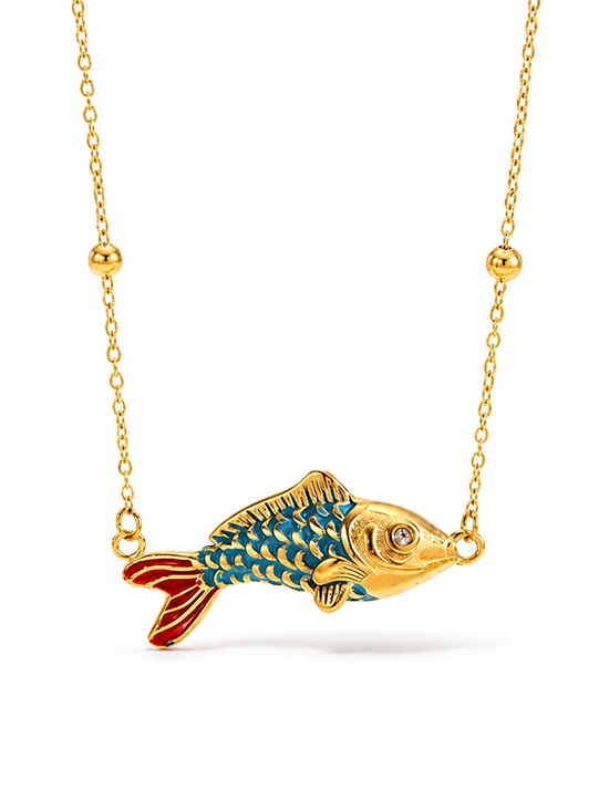 Anthropologie Jewelry - Gold Fish Pendant Necklace with Blue and Red Enamel